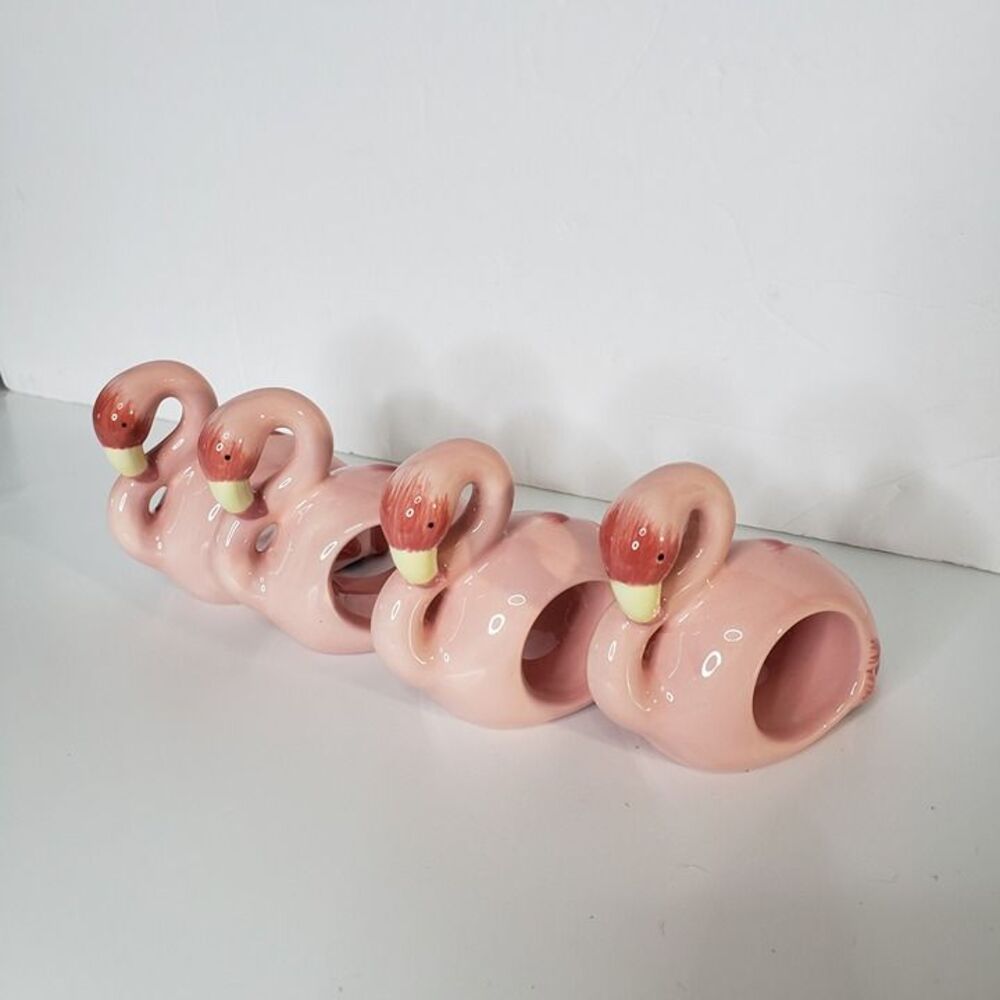 Vintage Target Home Pink Ceramic Flamingo Napkin Rings Set of 4 Coastal Table